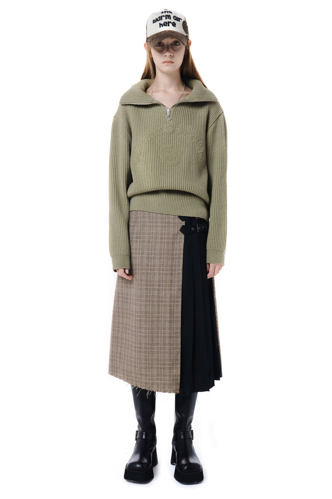 CREASE CUT OUT CHECK SKIRT / BEIGE, 세릭